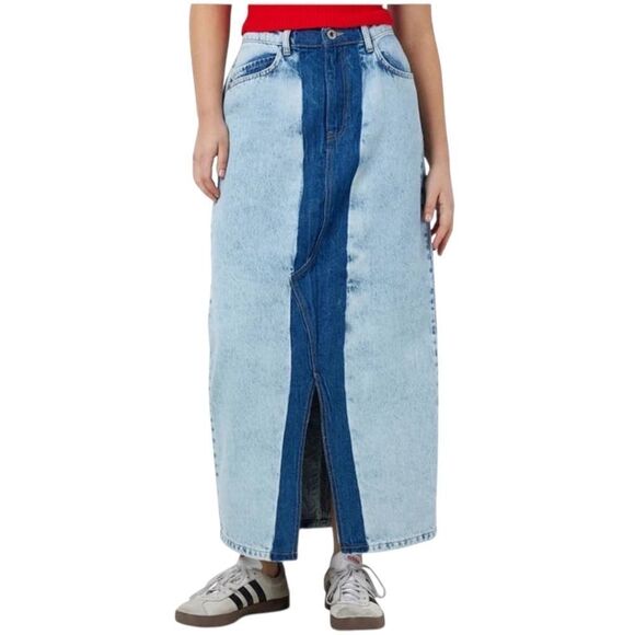 Noisy May Rinna Colorblock Front Slit Denim Midi Skirt - Picture 1 of 9